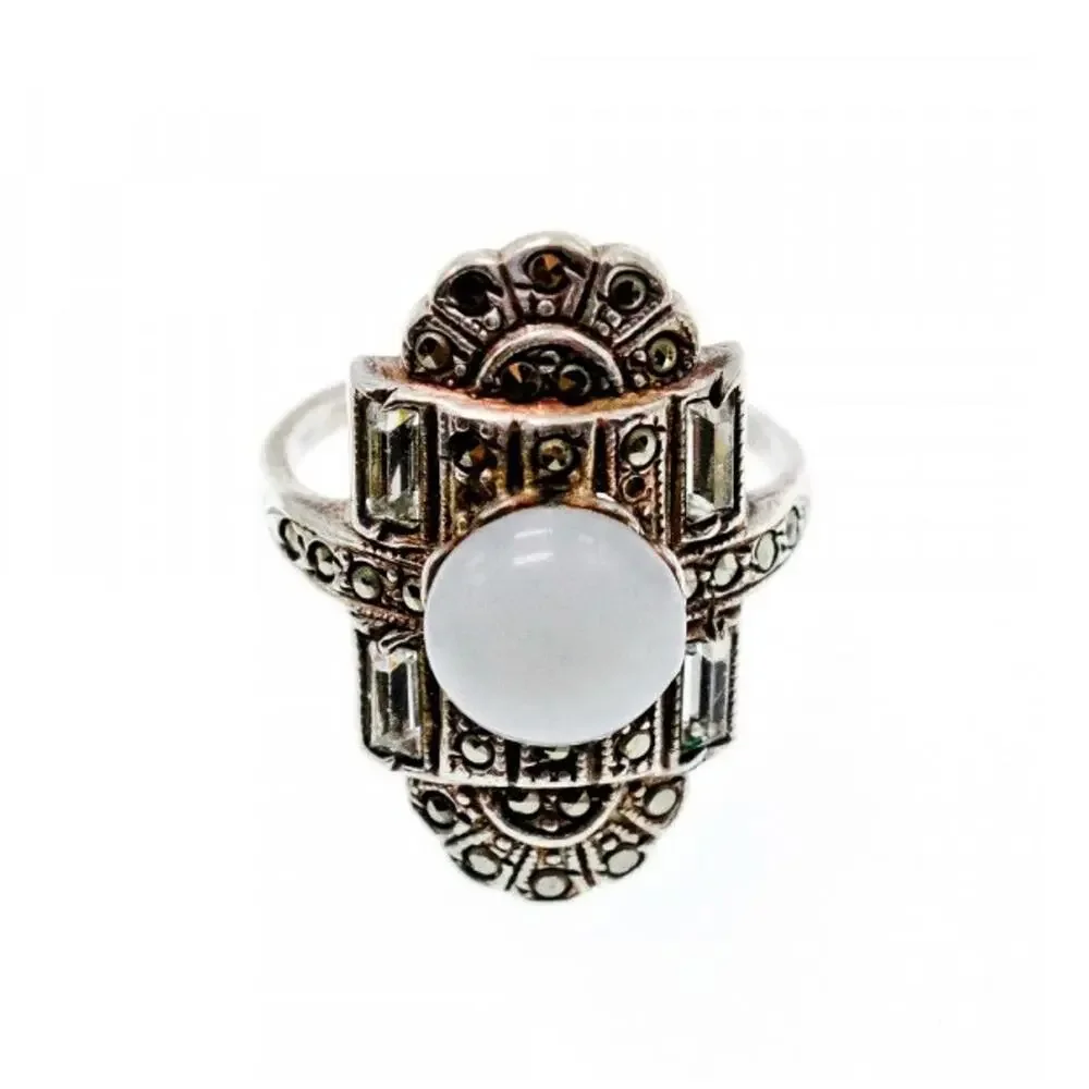 Vintage 925 Sterling Silver Agate, Goshenite & Marcasites Ring Size 5.5